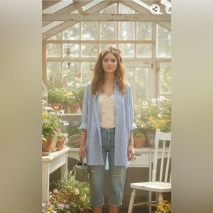 LAMIAR Blue and White Striped Button-Up Shirt with crystals size one size